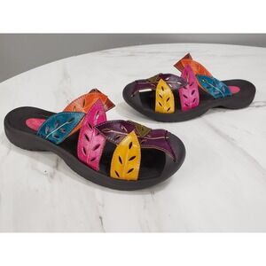 NEW NO BOX Elite Corkys Mule Sandal Women's Size 10 Leather Leaves COlorful Pink